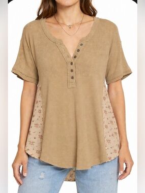 Easel Tan Button-Down Blouse with Floral Panels